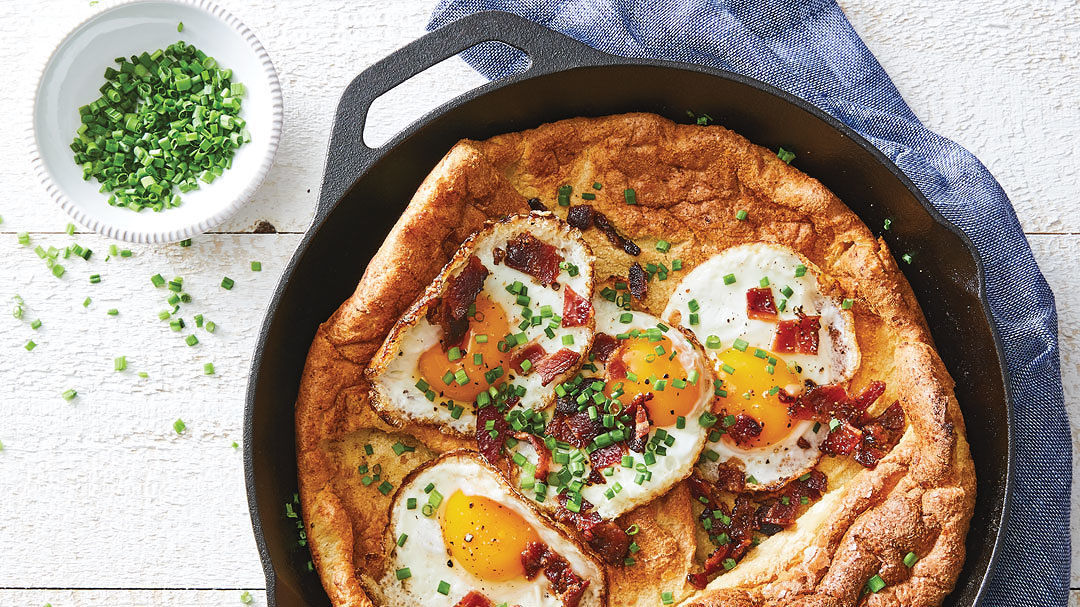 Whole-Wheat Dutch Baby with Fried Eggs and Candied Bacon